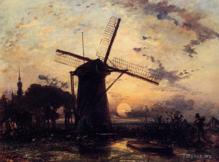 Johan Barthold Jongkind Ölgemälde - Bootsmann an einer Windmühle bei Sonnenuntergang