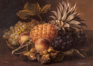 Werk Trauben, Ananas, Pfirsiche und Haselnüsse in einem Korb