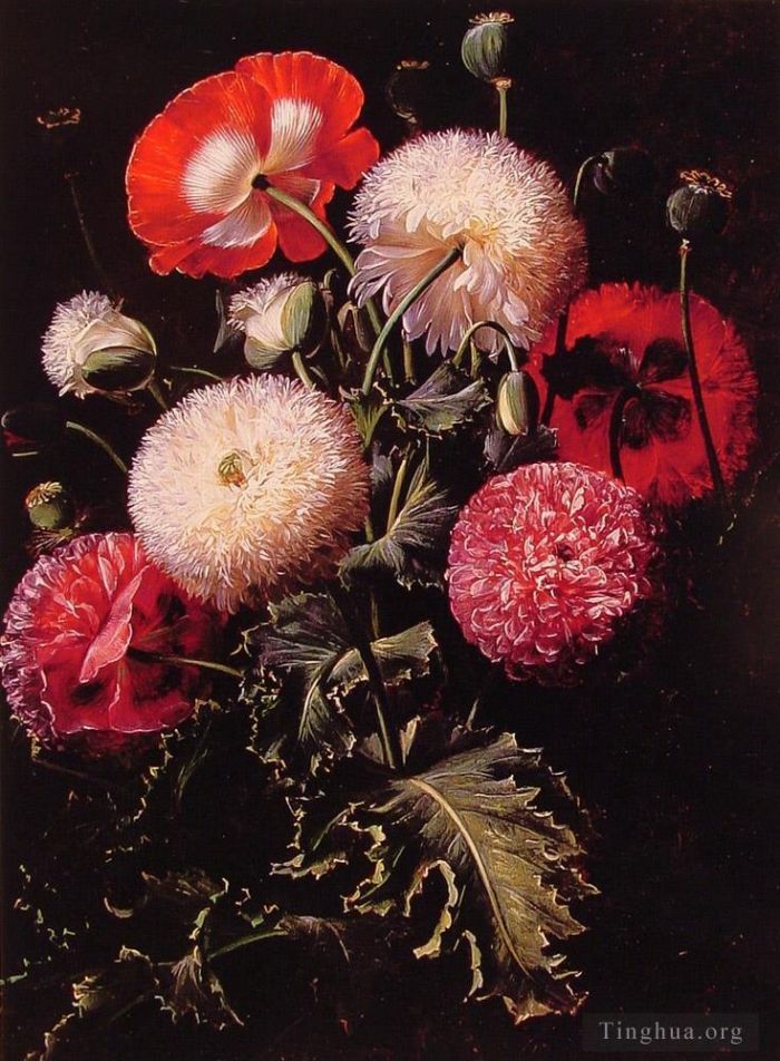 Johan Laurentz Jensen Ölgemälde - Stillleben mit rosa, roten und weißen Mohnblumen