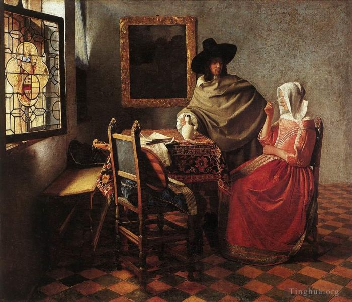 Johan Vermeer Ölgemälde - Eine trinkende Dame und ein Gentleman