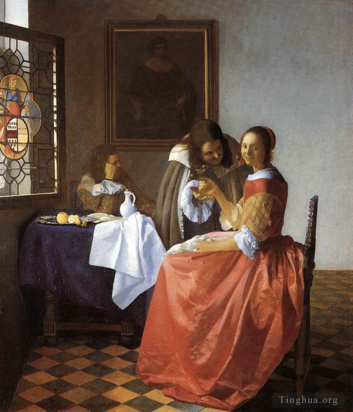 Johan Vermeer Ölgemälde - Eine Dame und zwei Herren