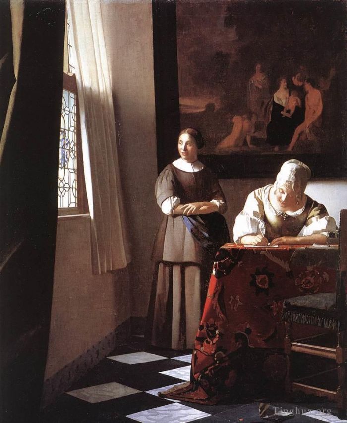 Johan Vermeer Ölgemälde - Dame schreibt mit ihrer Magd einen Brief