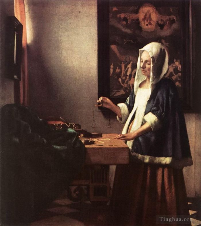 Johan Vermeer Ölgemälde - Frau hält eine Waage