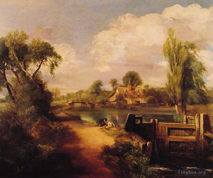 John Constable Ölgemälde - Landschaftsjungen beim Angeln