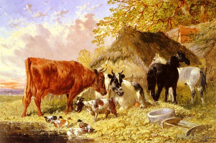John Frederick Herring Jr Ölgemälde - Pferde, Kühe, Enten und eine Ziege bei einem Bauernhaus
