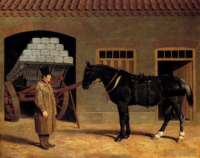 John Frederick Herring Sr Ölgemälde - Ein Kutschpferd und ein Kutscher vor einem Stall
