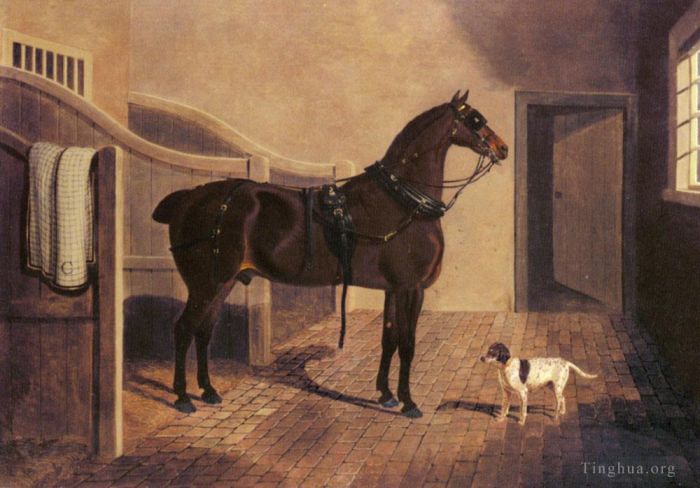 John Frederick Herring Sr Ölgemälde - Ein beliebtes Kutschpferd und ein Hund in einem Stall