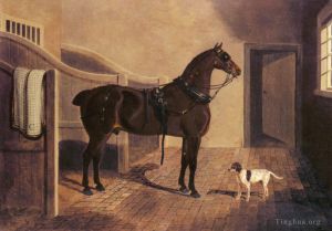 John Frederick Herring Sr Werk - Ein beliebtes Kutschpferd und ein Hund in einem Stall