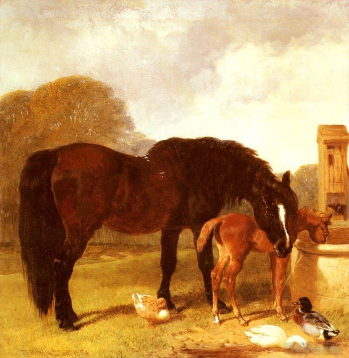 John Frederick Herring Sr Ölgemälde - Pferd und Fohlen, die an einem Trog tränken