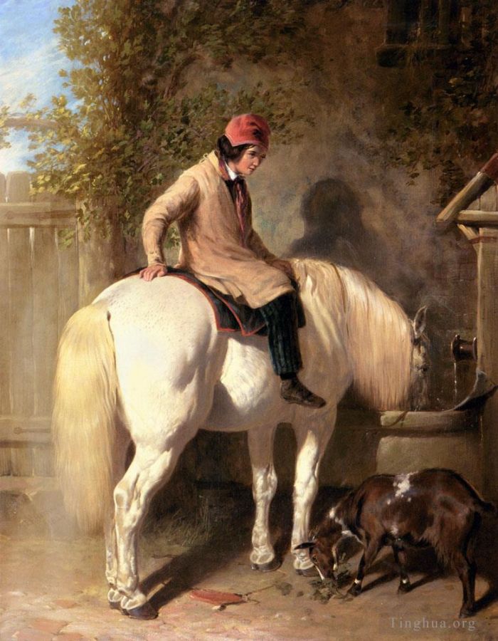 John Frederick Herring Sr Ölgemälde - Erfrischung Ein Junge gießt sein graues Pony