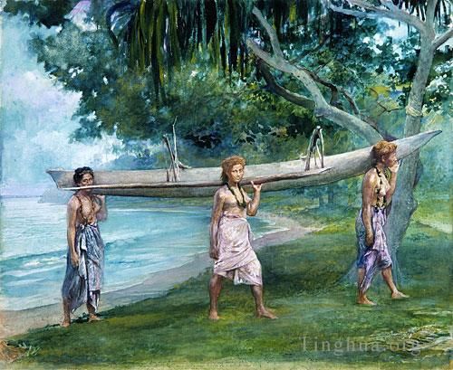 John LaFarge Ölgemälde - Mädchen tragen ein Kanu Vaiala in Samoa