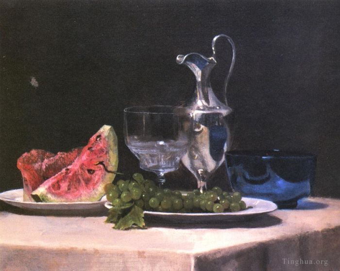 John LaFarge Ölgemälde - Stilllebenstudie aus Silberglas und Früchten