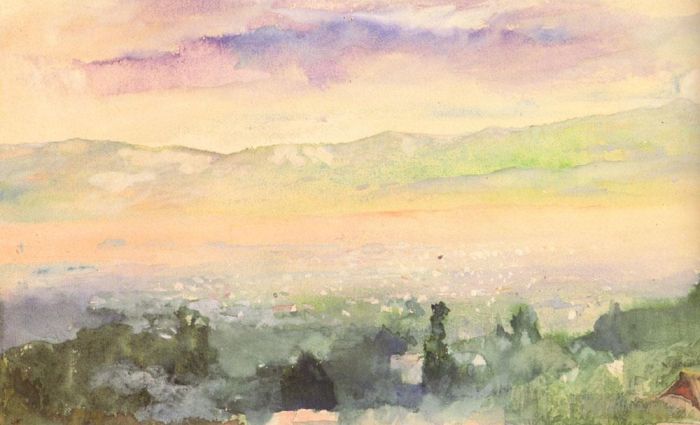 John LaFarge Andere Malerei - Sonnenaufgang im Nebel über Kyoto