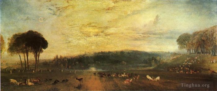 Joseph Mallord William Turner Ölgemälde - Der Sonnenuntergang am Lake Petworth kämpft gegen Böcke