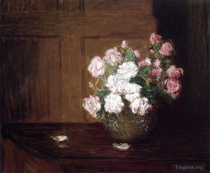 Julian Alden Weir Ölgemälde - Rosen in einer silbernen Schale auf einem Mahagoni-Tisch, Blumenstillleben
