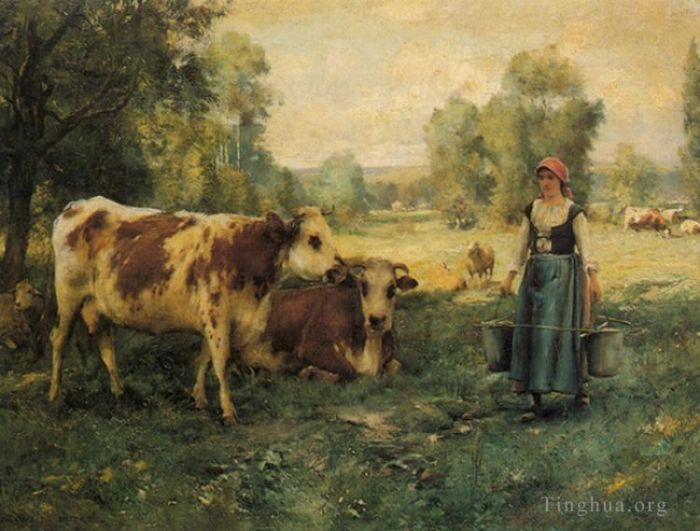 Julien Dupre Ölgemälde - Eine Milchmagd mit Kühen und Schafen