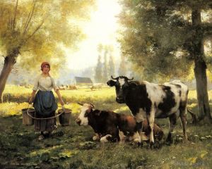 Julien Dupre Werk - Eine Milchmagd mit ihren Kühen an einem Sommertag