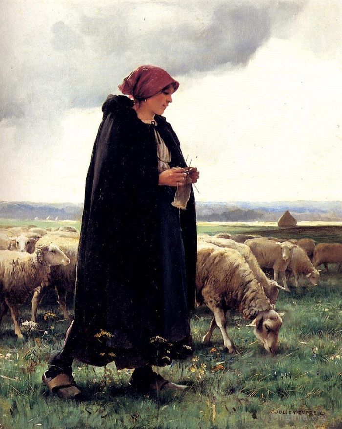 Julien Dupre Ölgemälde - Eine Schäferin mit ihrer Herde
