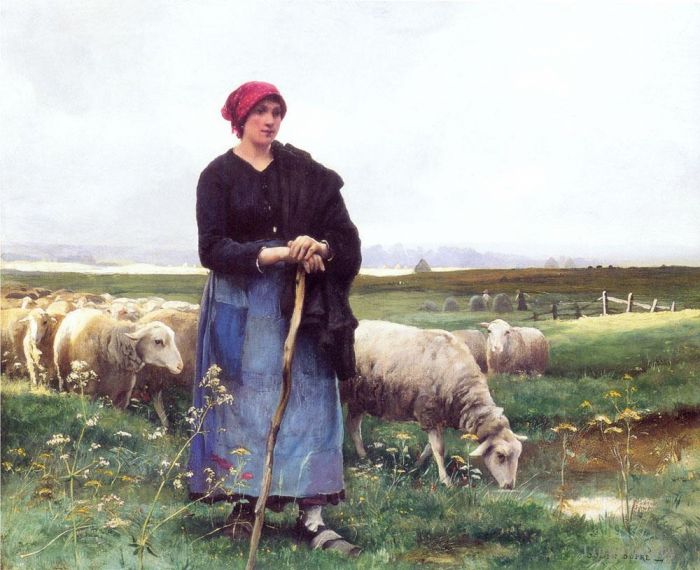 Julien Dupre Ölgemälde - Eine Schäferin mit ihrer Herde