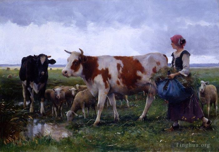 Julien Dupre Ölgemälde - Bäuerin mit Kühen und Schafen