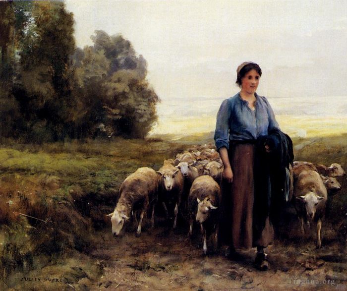 Julien Dupre Ölgemälde - Schäferin mit ihrer Herde