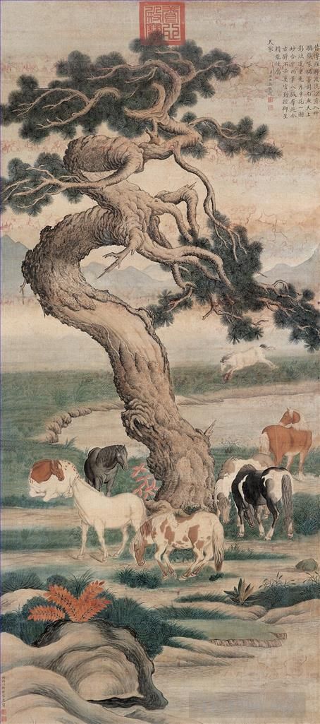 Giuseppe Castiglione Chinesische Kunst - Acht Pferde unter Baum