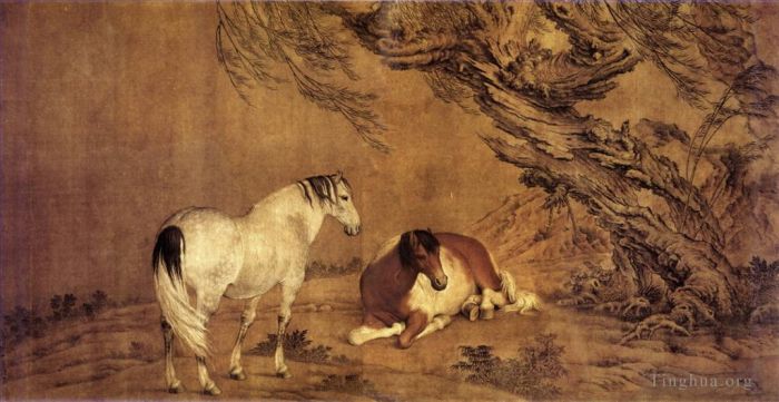 Giuseppe Castiglione Chinesische Kunst - Pferde im Weidenschatten