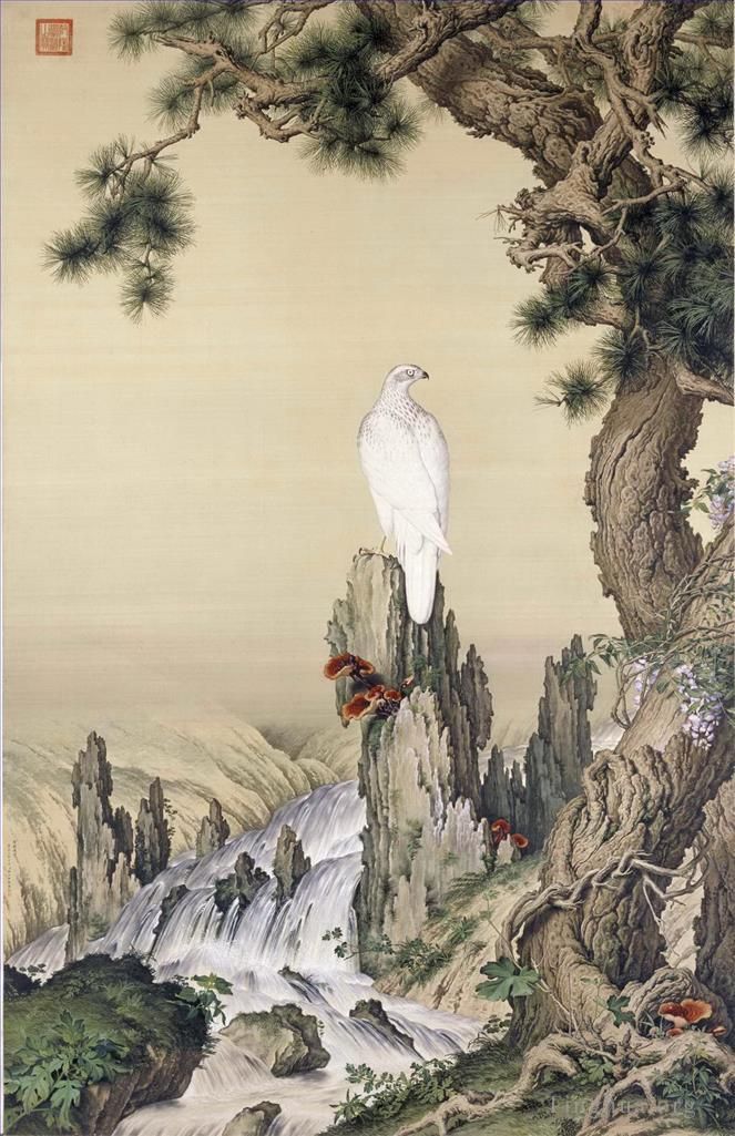 Giuseppe Castiglione Chinesische Kunst - Weißer Vogel in der Nähe des Wasserfalls