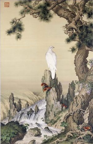 Giuseppe Castiglione Werk - Weißer Vogel in der Nähe des Wasserfalls