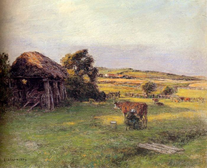 Leon Augustin L'hermitte Ölgemälde - Landschaft mit einer Bäuerin, die eine Kuh melkt