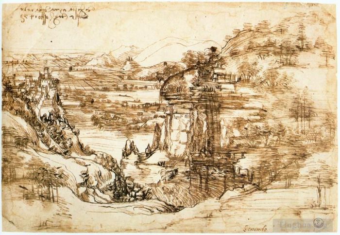 Leonardo da Vinci Andere Malerei - Landschaftszeichnung für Santa Maria della Neve am 5. August 1473
