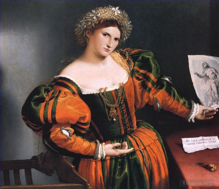 Lorenzo Lotto Ölgemälde - Porträt einer Dame mit einem Bild vom Selbstmord der Lucretia