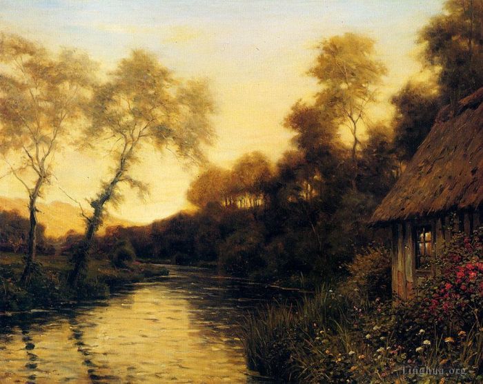 Louis Aston Knight Ölgemälde - Eine französische Flusslandschaft bei Sonnenuntergang