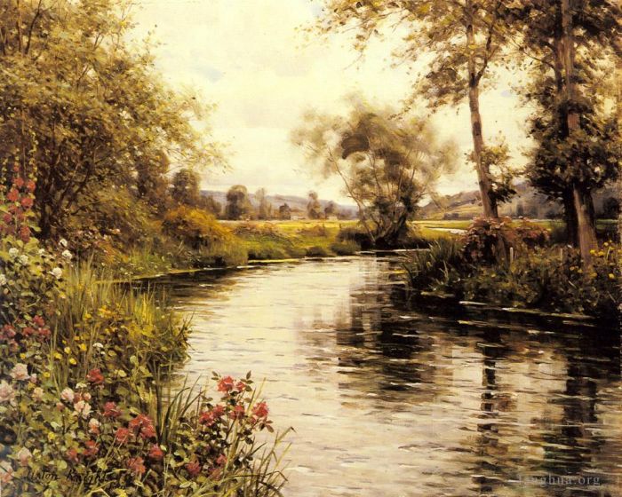 Louis Aston Knight Ölgemälde - Blühende Blumen an einem Fluss