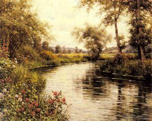 Louis Aston Knight Werk - Blühende Blumen an einem Fluss