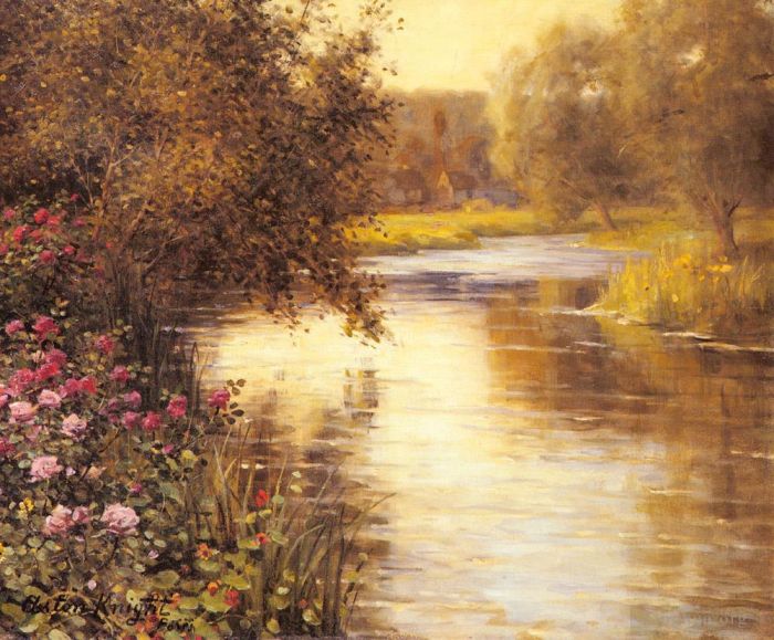 Louis Aston Knight Ölgemälde - Frühlingsblüten entlang eines sich schlängelnden Flusses