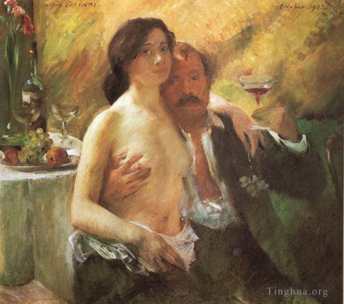 Lovis Corinth Ölgemälde - Selbstporträt mit seiner Frau und einem Glas Champagner