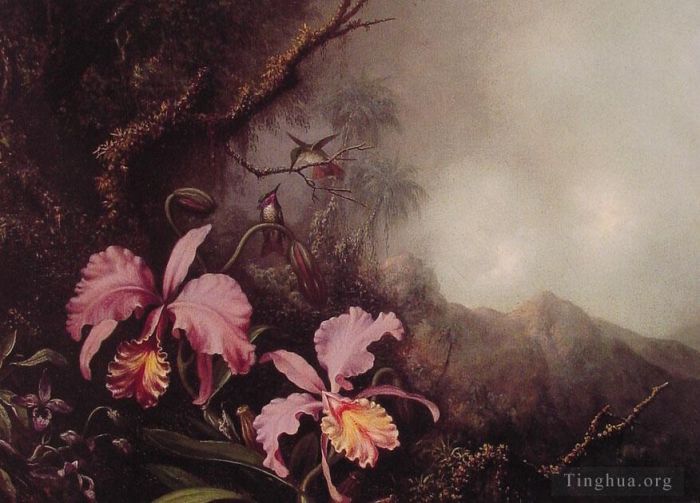 Martin Johnson Heade Ölgemälde - Zwei Orchideen in einer Berglandschaft