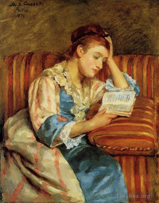 Mary Stevenson Cassatt Ölgemälde - Frau Duffee sitzt auf einem gestreiften Sofa und liest