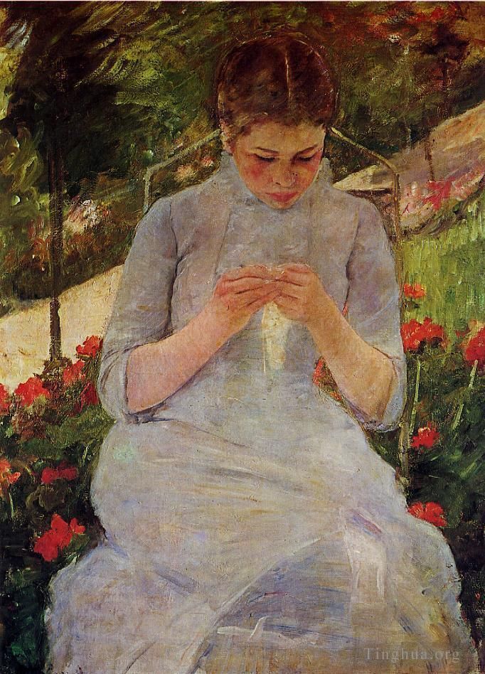 Mary Stevenson Cassatt Ölgemälde - Junge Frau näht in einem Garten