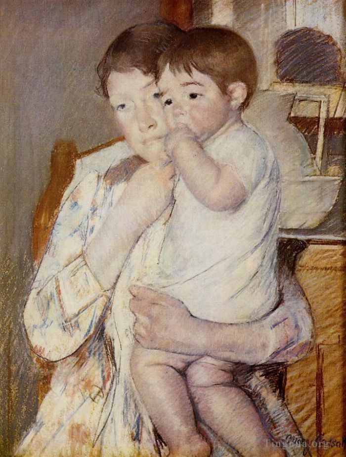 Mary Stevenson Cassatt Andere Malerei - Baby in den Armen seiner Mutter lutscht an seinem Finger