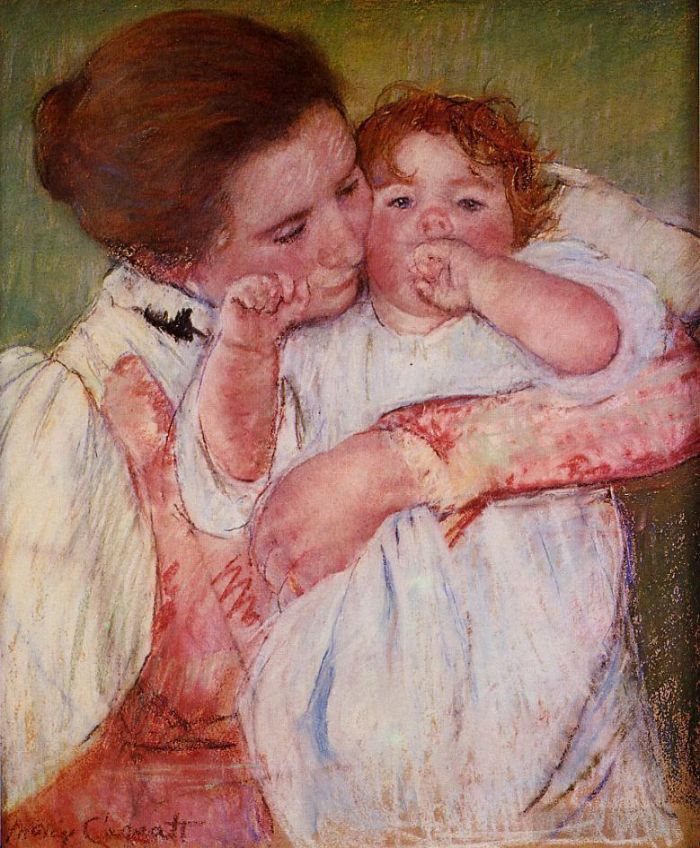 Mary Stevenson Cassatt Andere Malerei - Die kleine Ann lutscht an ihrem Finger und wird von ihrer Mutter umarmt