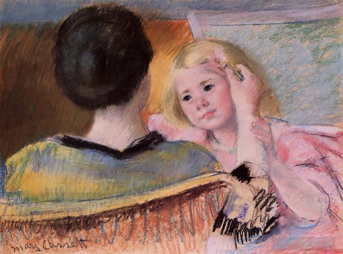 Mary Stevenson Cassatt Andere Malerei - Mutter kämmt Saras Haare Nr