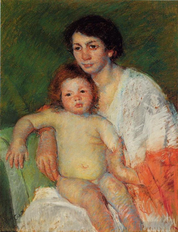 Mary Stevenson Cassatt Andere Malerei - Nacktes Baby auf dem Schoß der Mutter, den Arm auf der Stuhllehne ruhend