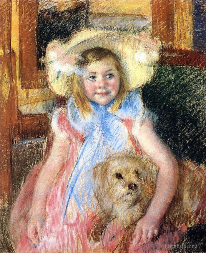 Mary Stevenson Cassatt Andere Malerei - Sara mit einem großen Blumenhut schaut nach rechts und hält ihren Hund