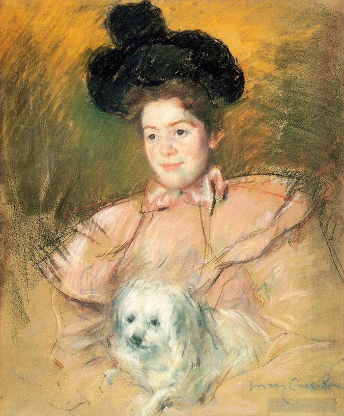 Mary Stevenson Cassatt Andere Malerei - Frau im Himbeerkostüm hält einen Hund