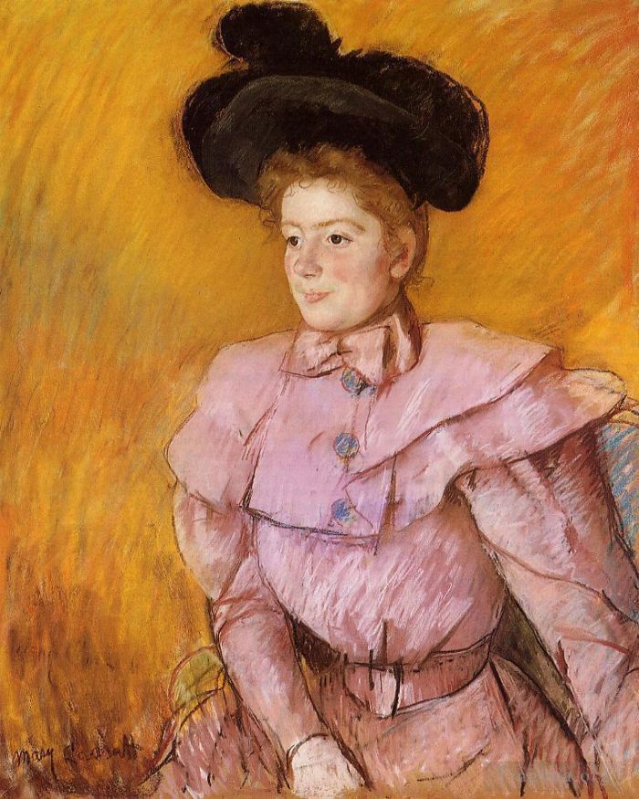 Mary Stevenson Cassatt Andere Malerei - Frau mit schwarzem Hut und himbeerrosa Kostüm