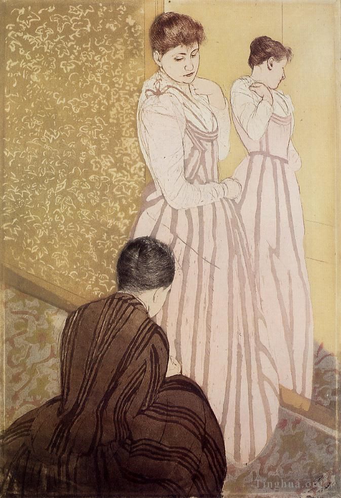 Mary Stevenson Cassatt Andere Malerei - Junge Frau probiert ein Kleid an