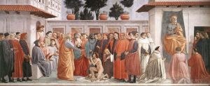 Masaccio Werk - Auferweckung des Sohnes des Theophilus und des heiligen Petrus auf dem Thron