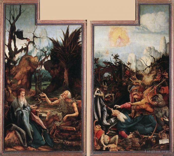 Matthias Grünewald Ölgemälde - Besuch des heiligen Antonius beim heiligen Paulus und Versuchung des heiligen Antonius